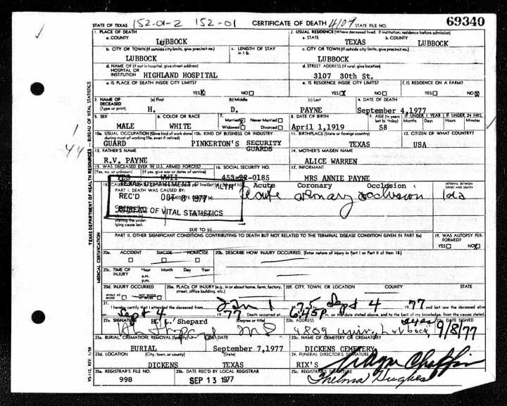 H D Payne death certificate