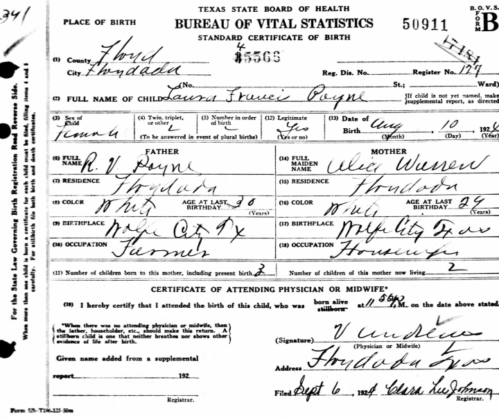 Laura Frances Payne birth certificate