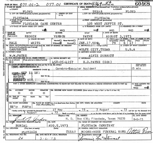 Reggie Vernon Payne death certificate