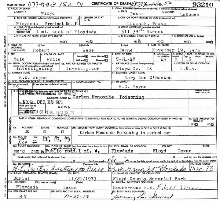 Robert Wade Payne death certificate