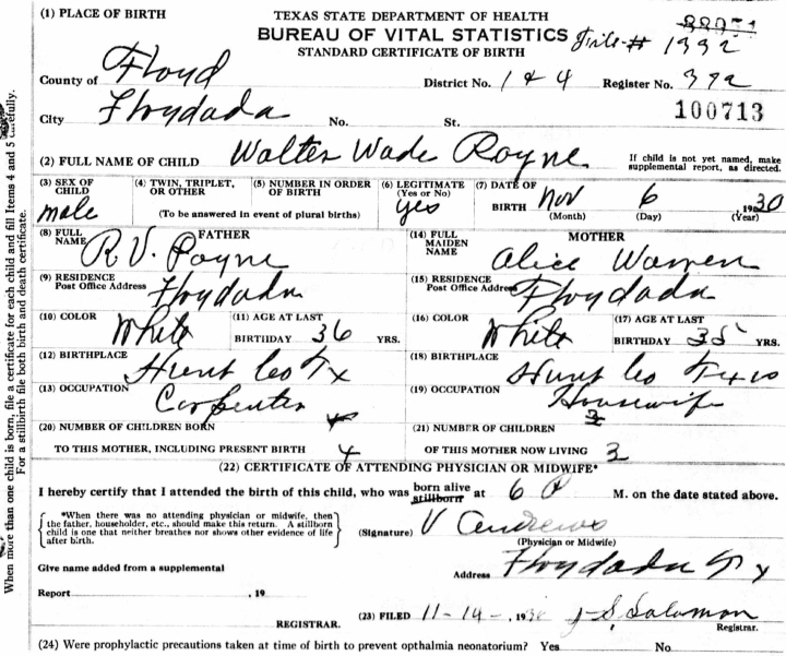 Walter Wade Payne birth certificate